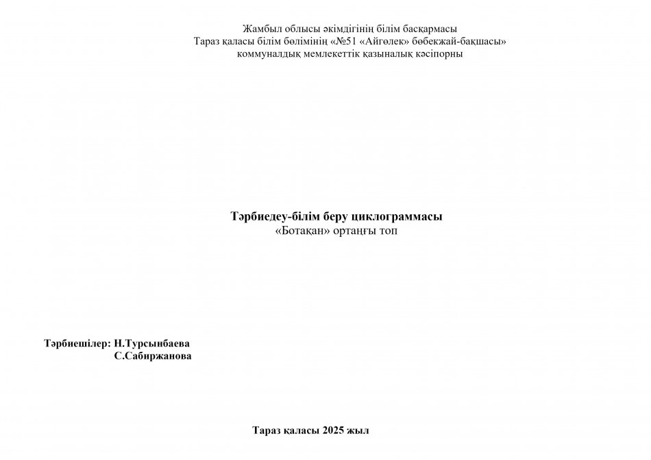 Тірбиелеу-білім беру процесінің циклограммасы "Ботақан"тобы