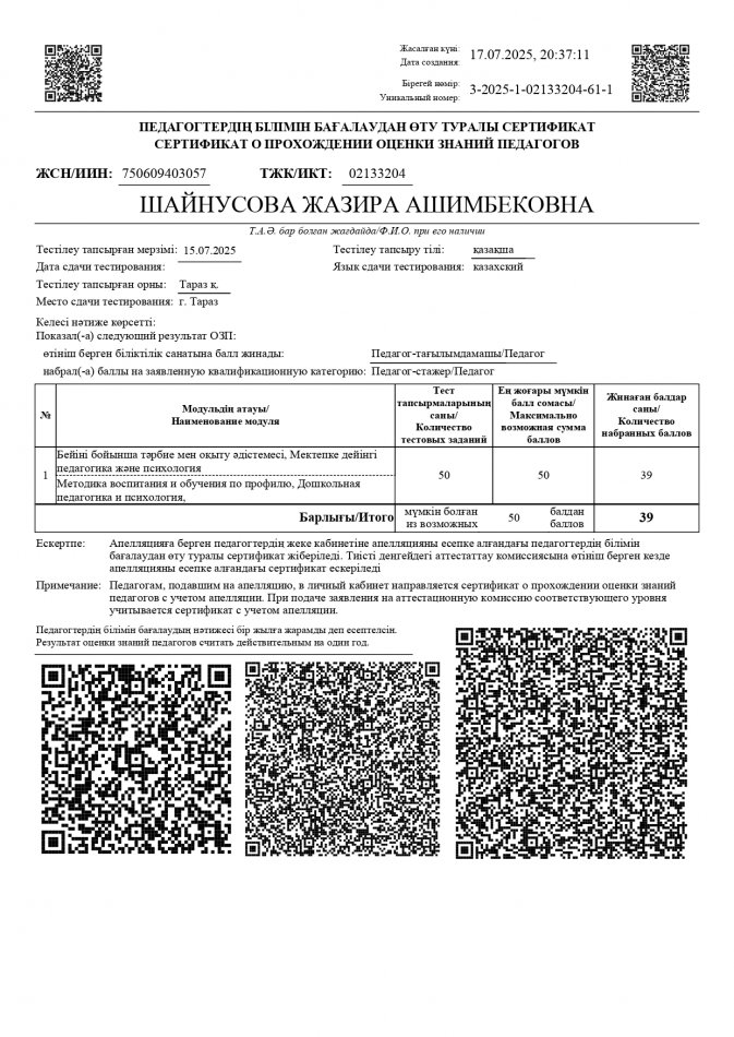 Сертификаттаудан өту нәтижелері туралы сертификат немесе қолданыстағы біліктілік санатының болуы туралы куәлік