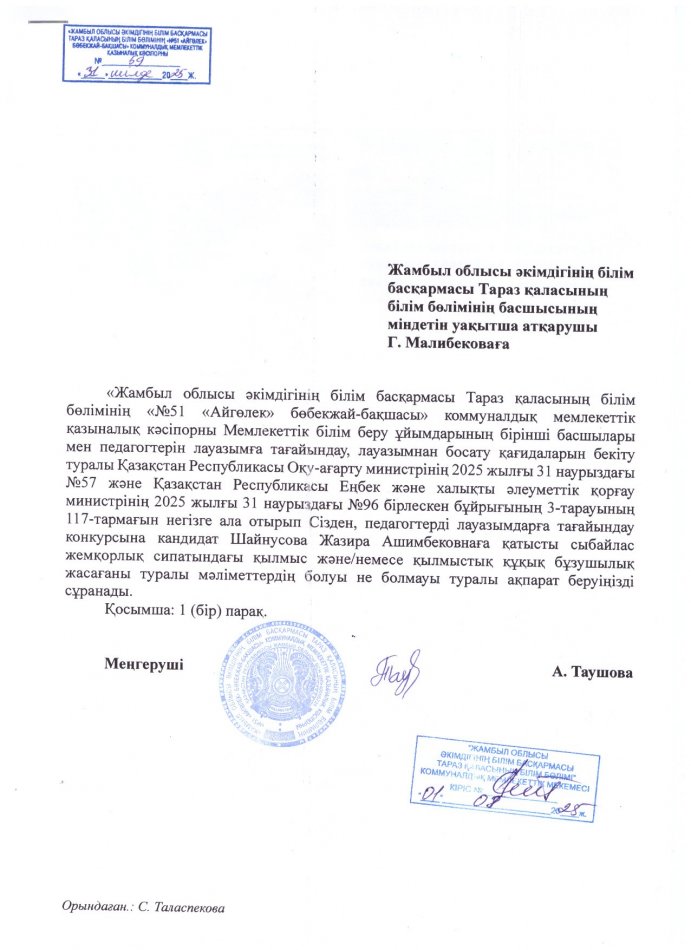 Жамбыл облысы әкімдігінің білім басқармасы Тараз қаласының білім бөлімінің басшысының міндетін уақытша атқарушы Ж. Малибековаға