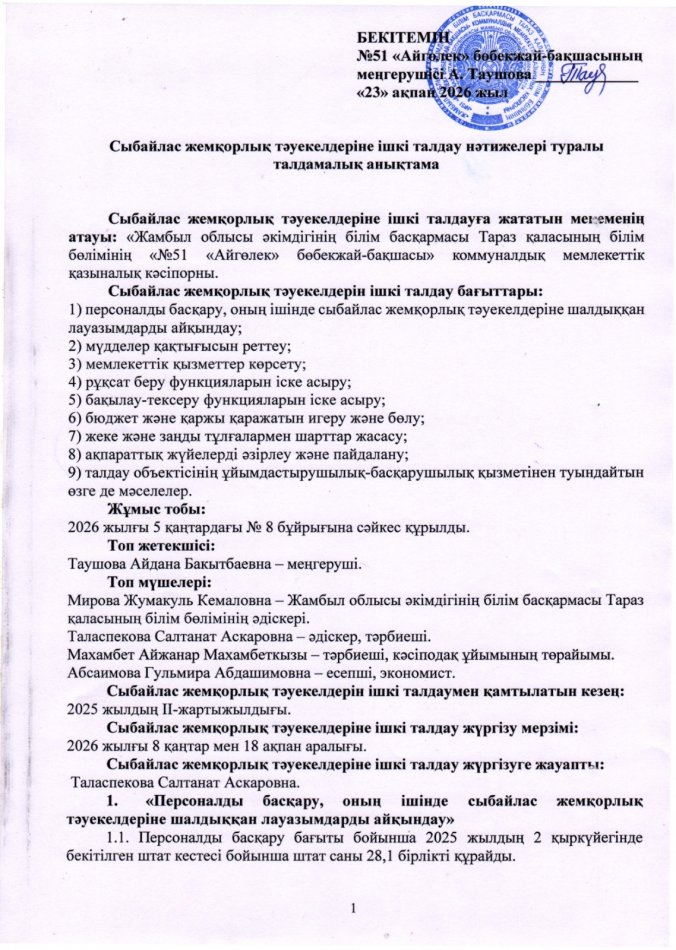 Сыбайлас жемқорлық тәуекелдеріне ішкі талдау нәтижелері туралы талдамалық анықтама