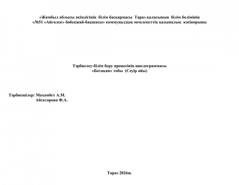 Тәрбиелеу-білім беру циклограммасы. "Ботақан" тобы. Сәуір айы