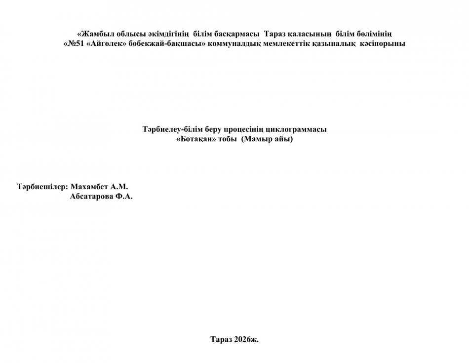 Тәрбиелеу-білім беру циклограммасы. "Ботақан" тобы. Мамыр айы