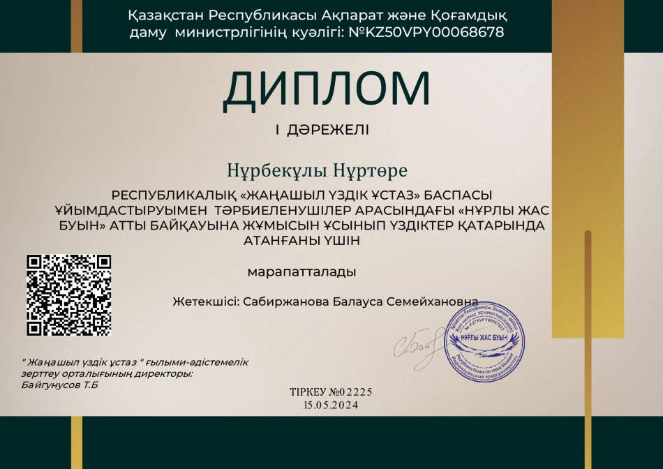 "НҰРЛЫ ЖАС БУЫН"АТТЫ БАЙҚАУ    ДИПЛОМ