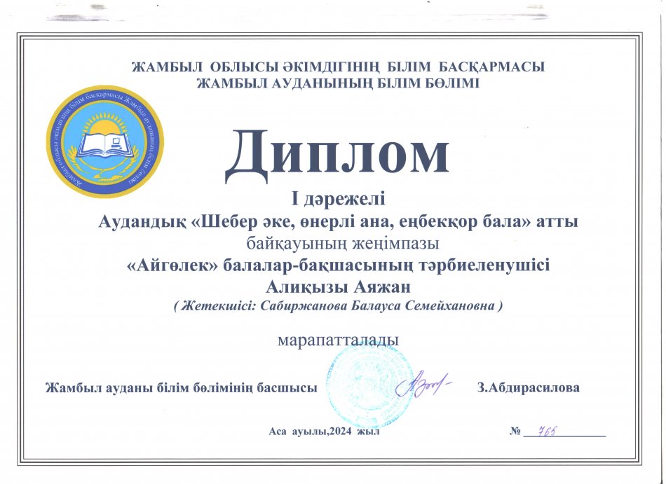 Аудандық "Шебер әке,өнерлі ана,еңбекқор бала" атты байқау     ДИПЛОМ